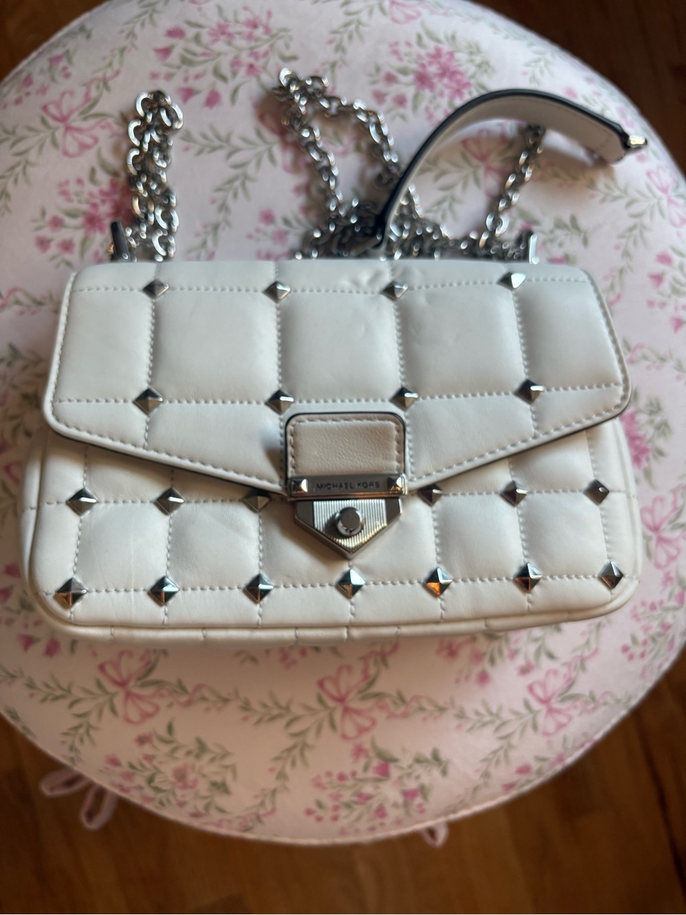 Michael Kors Cream Quilted Studded Crossbody with Chain Strap